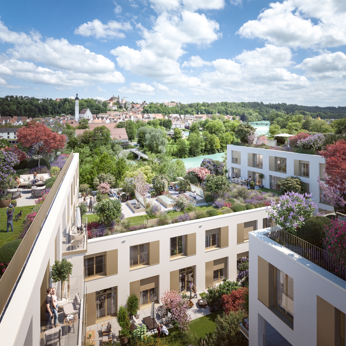 Visualisierung des Neubaus Lechwinkel mit Blick auf den Lech und die Landsberger Altstadt