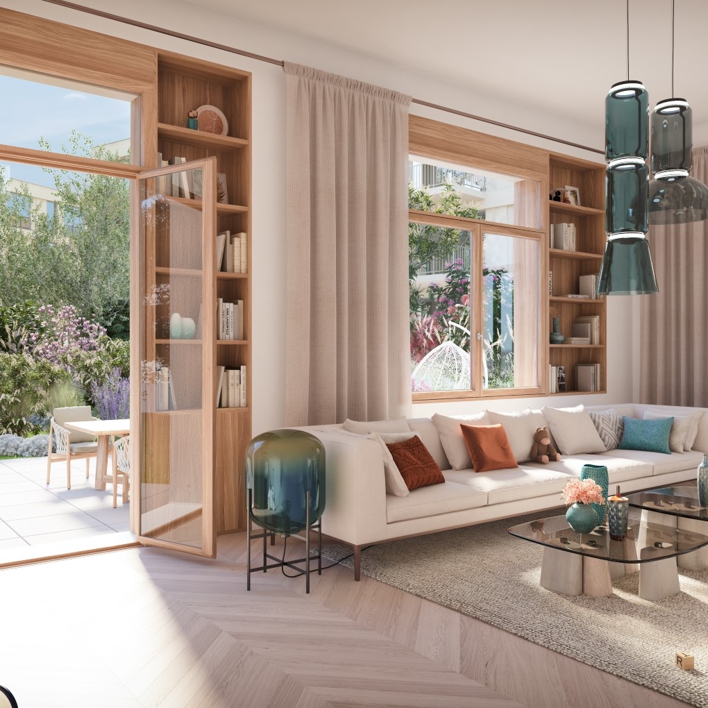 Visualisierung eines Wohnzimmers mit Blick in den Garten 