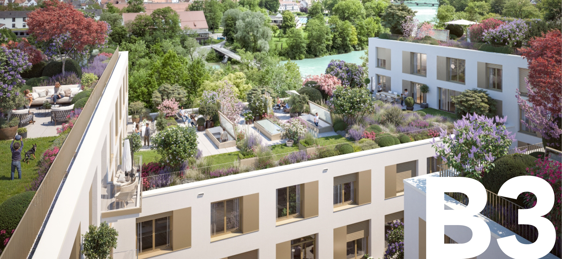 Visualisierung eines Gebäudes mit intensiver Dachbegrünung und Blick auf den Lech sowie die Landsberger Altstadt. In der rechten Bildecke steht B3 als Kennzeichnung des Baufelds