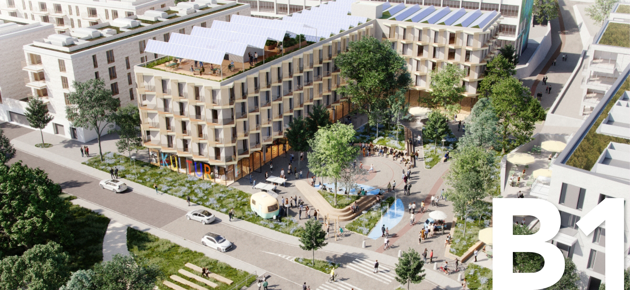 Visualisierung des Europaplatzes mit benachbartem Hotel. In der rechten Bildecke steht B1 als Kennzeichnung des Baufelds