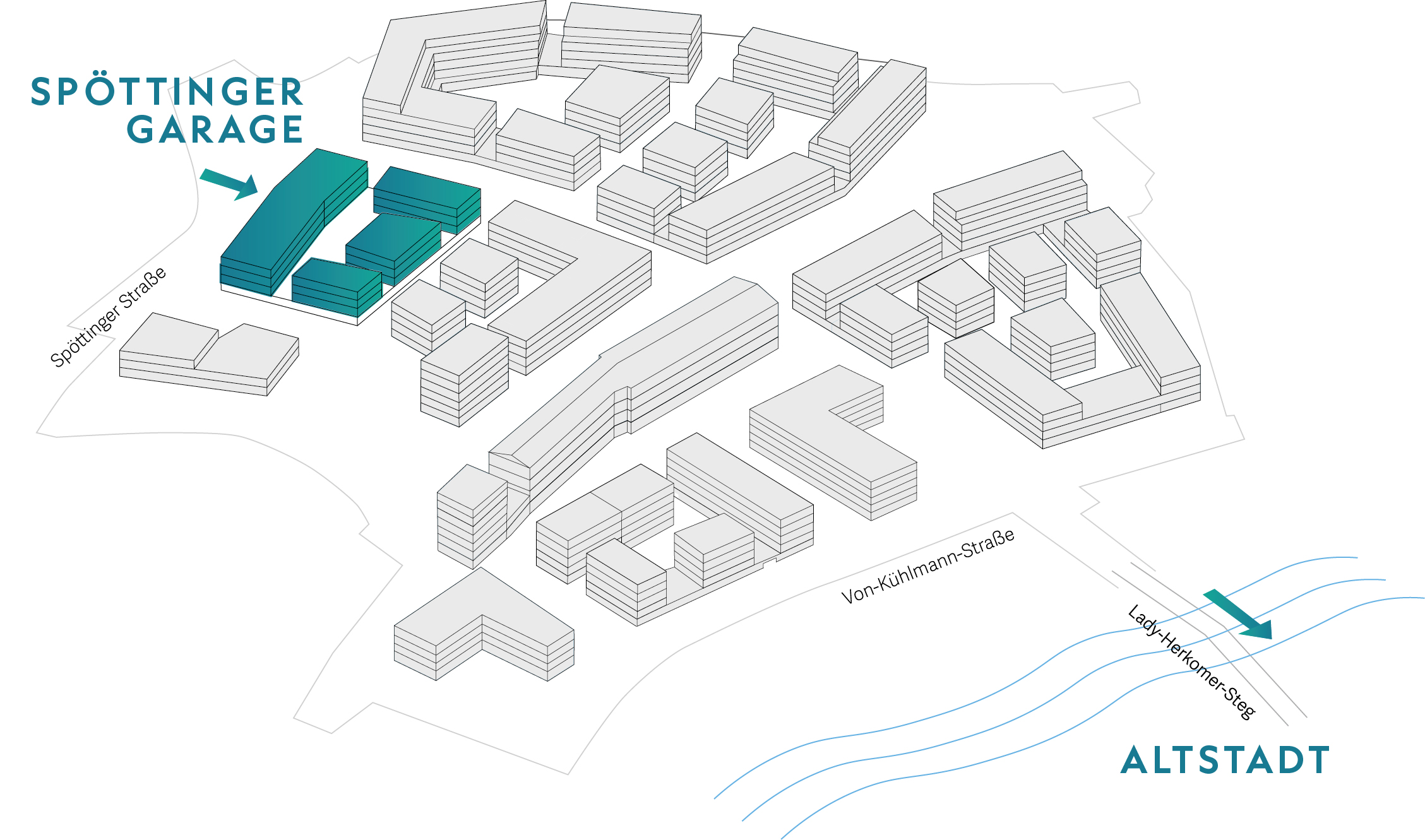 Picto_Lage_garage Piktogramm des Quartiers mit blau gefärbtem Zugang zur Spöttinger Garage