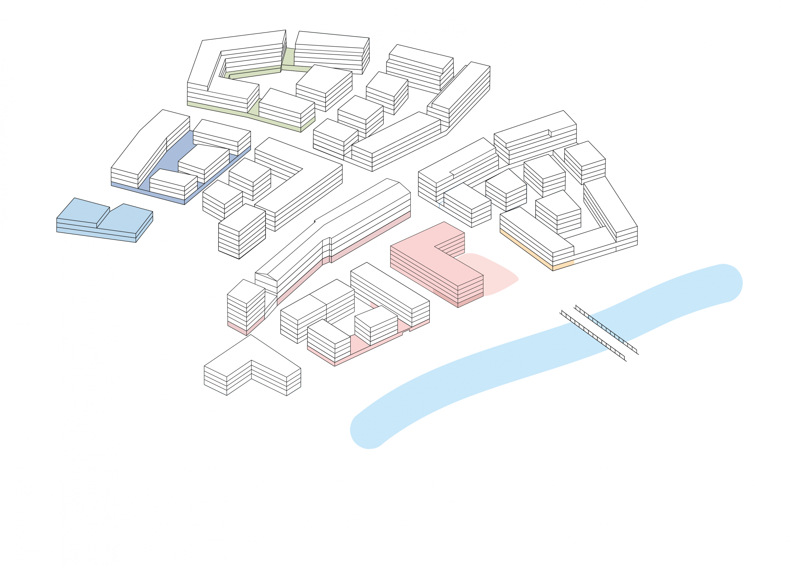 ULP quartiersgrafik website-gewerbe-aug25 Klötzchen Grafik des Quartiers aus der Vogelperspektive mit eingefärbten Bereichen, die Gewerbe umfassen