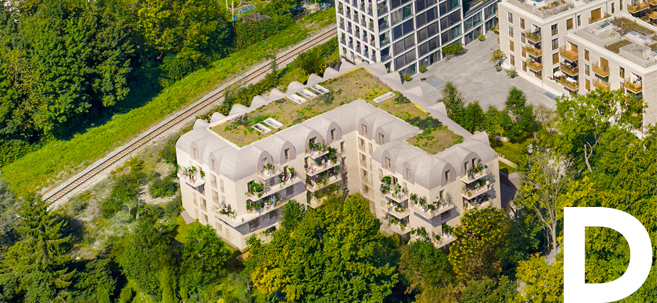 headerbild des Baufelds D in grüner Umgebung und dem Buchstaben D im Bildrand rechts unten