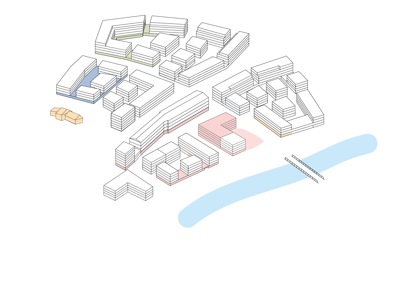 Piktogramm des Quartiers mit bunt eingefärbten Gewerbeflächen