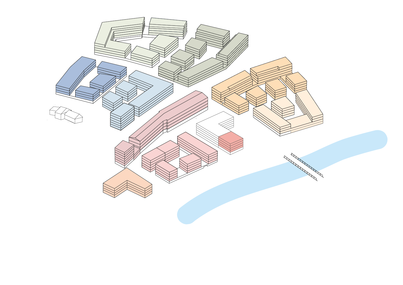 Piktogramm des Quartiers mit bunt eingefärbten Wohnflächen