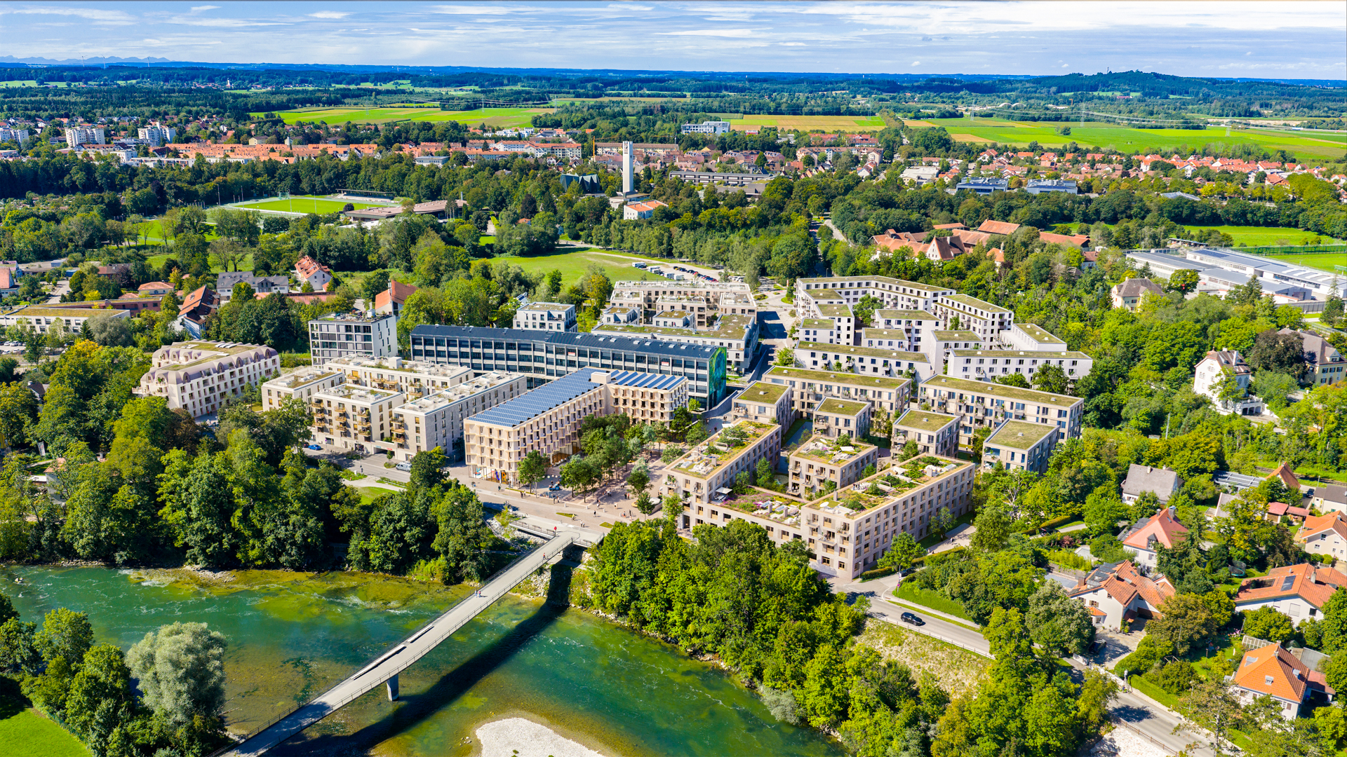 Visualisierung des Quartiers Am Papierbach mit fertiggestellten und geplanten Gebäuden