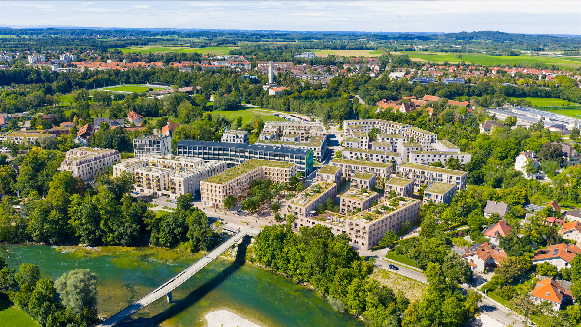 Visualisierung des Quartiers Am Papierbach mit fertiggestellten und geplanten Gebäuden